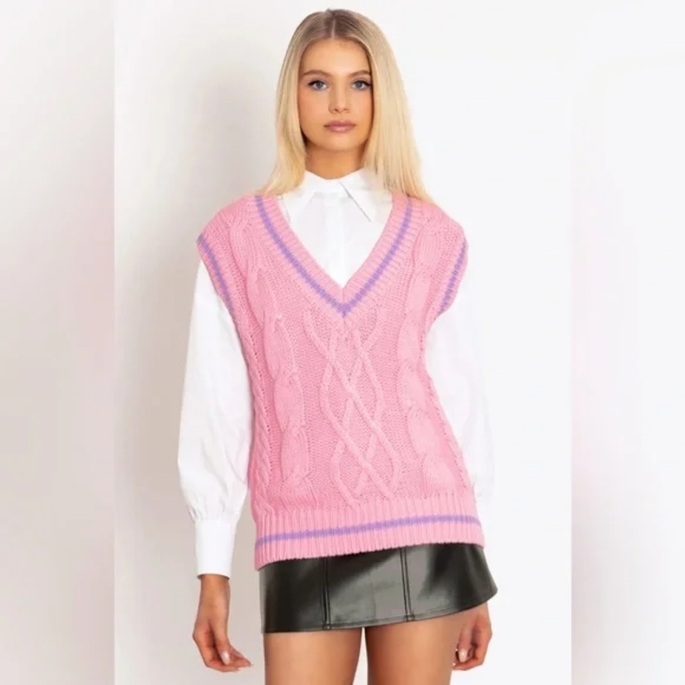 Blackmilk Pink Cable Knit V-Neck Sweater Vest with Lavender Trim